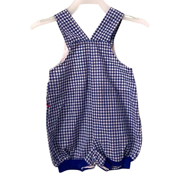 Vintage Small Steps Blue & White Checkered Kids Overalls with Bear Size 6/9 Mos - Picture 2 of 8